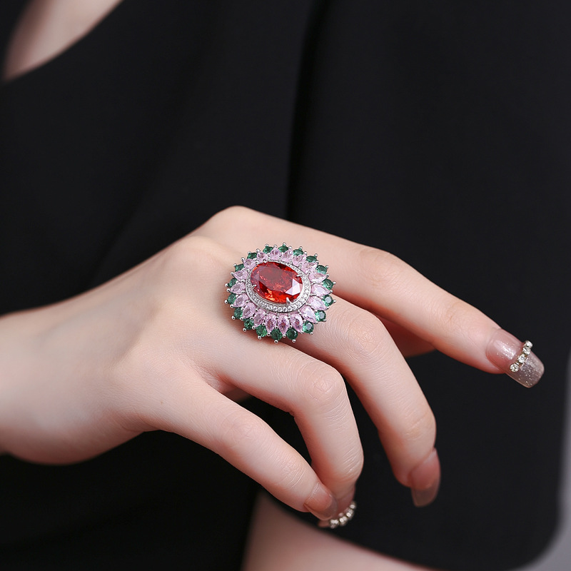 Chic Ladies' Accessory Stylishly Designed 925 SS Ring Incorporating Resplendent Synthetic Rubies of Six Carets Alongside Lustrous Pearl Shapes