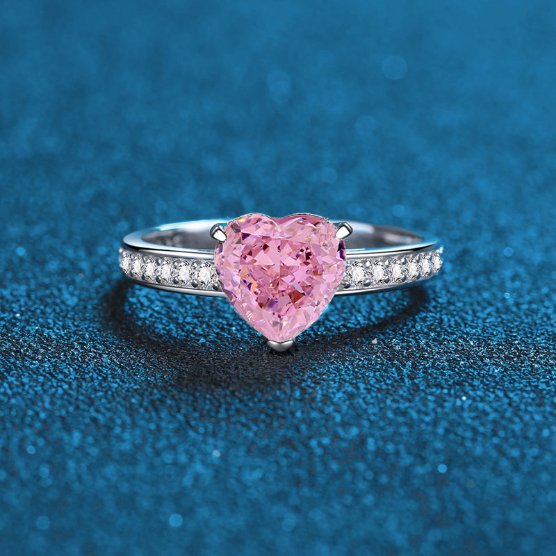 925 Sterling Silver Heart-Shaped Pink Diamond Ring with Blue and White Diamonds, Full Diamond Design, Elegant Luxury Engagement Ring for Women