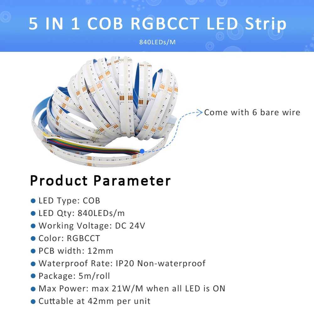 5M RGBCCT COB LED Strip Light DC 24V 840LEDs/m RGB CCT Dotless Flexible FCOB LED Tape Ribbon Lamp for Room Decoration Lighting W250524