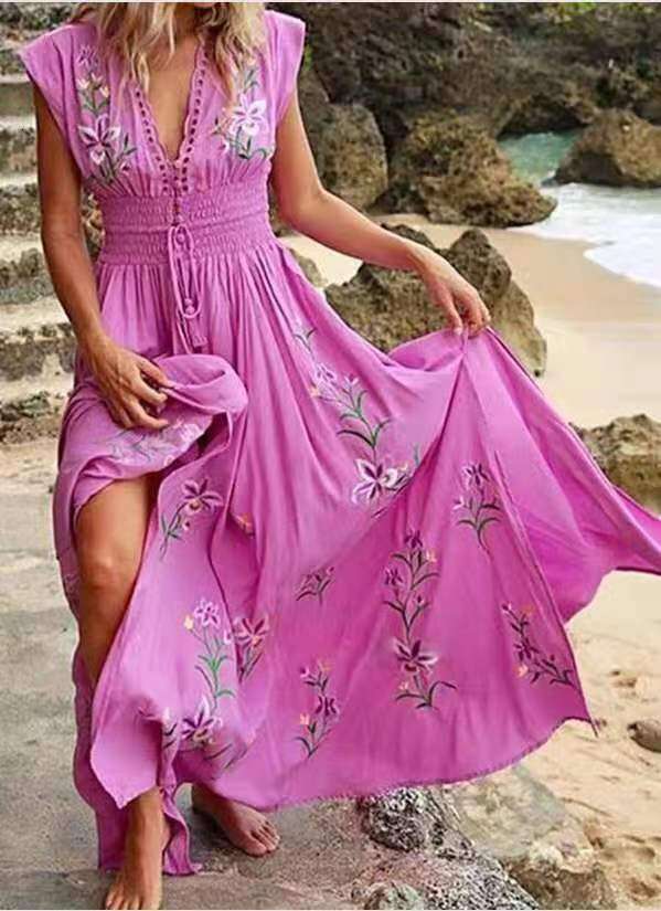 Maxi Dress New Summer Women S V Neck French Beach Bohemian Printed Dress Long Dress