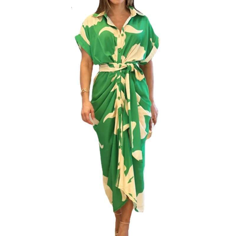 Maxi Dress INS Women S Printed Lapel Short Sleeved High Waisted Long Shirt Dress Floral Dress