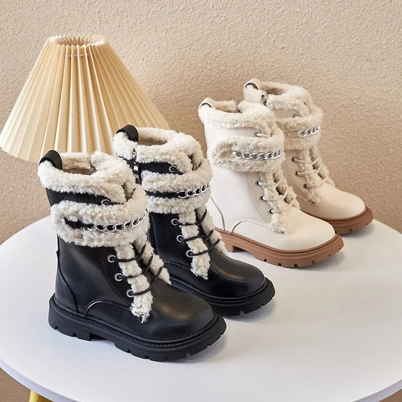 Winter Childrens Boots Elegant Versatile Girls Long Boots Matte Leather Kids Fashion Causal Cotton Boots Thick Bottom Plush 250522