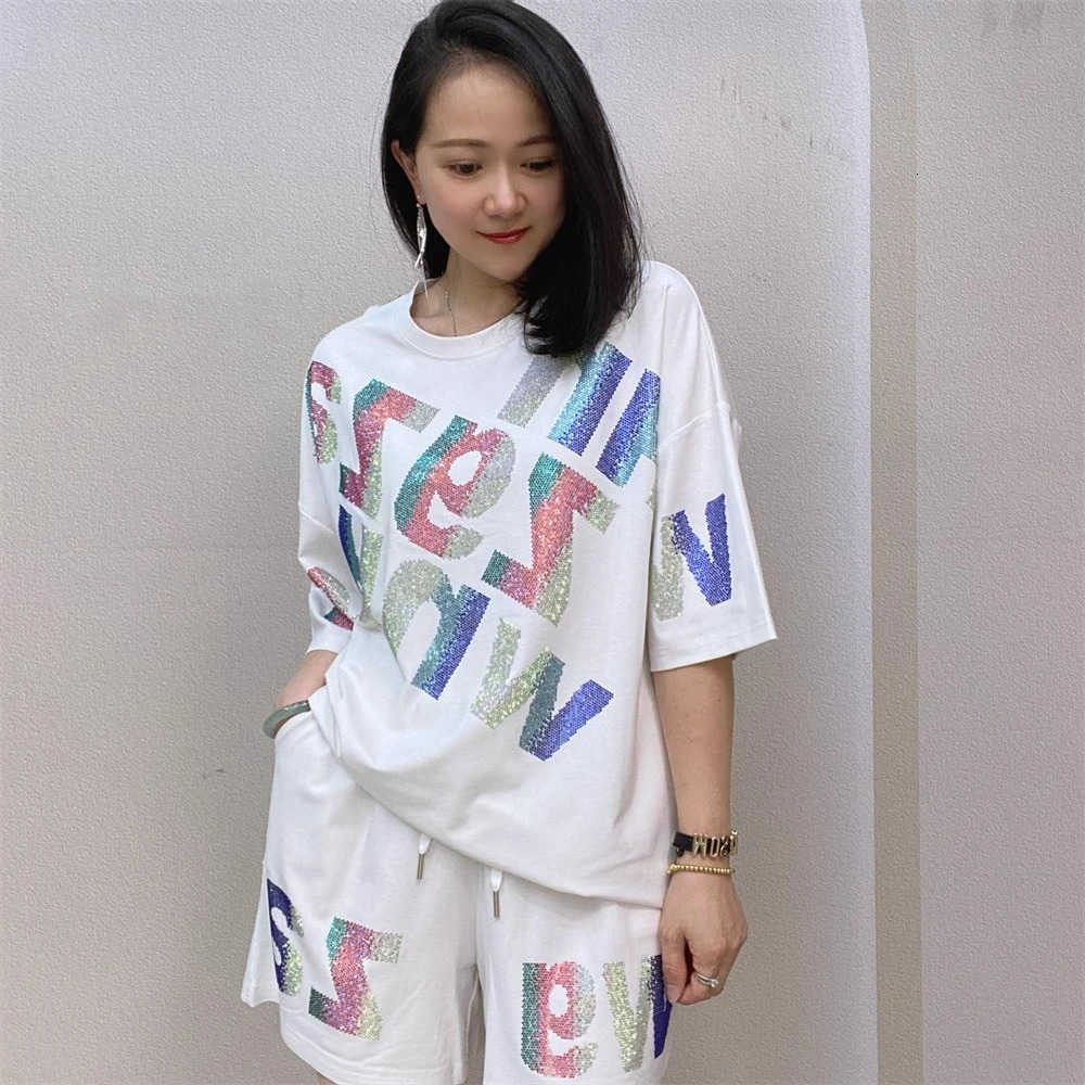 Diamonds Letter Fashion Plus Size Two Piece Set American Street Vintage Crew Neck Top Elastic Waist Shorts 250516Z