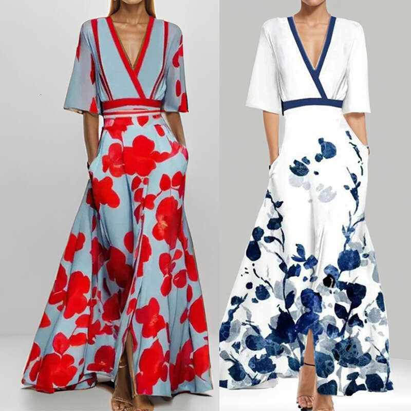 Maxi Dress New Women S Fashion Elegant Temperament V Neck Printed Pleated Skirt Long Dress Floral Dress