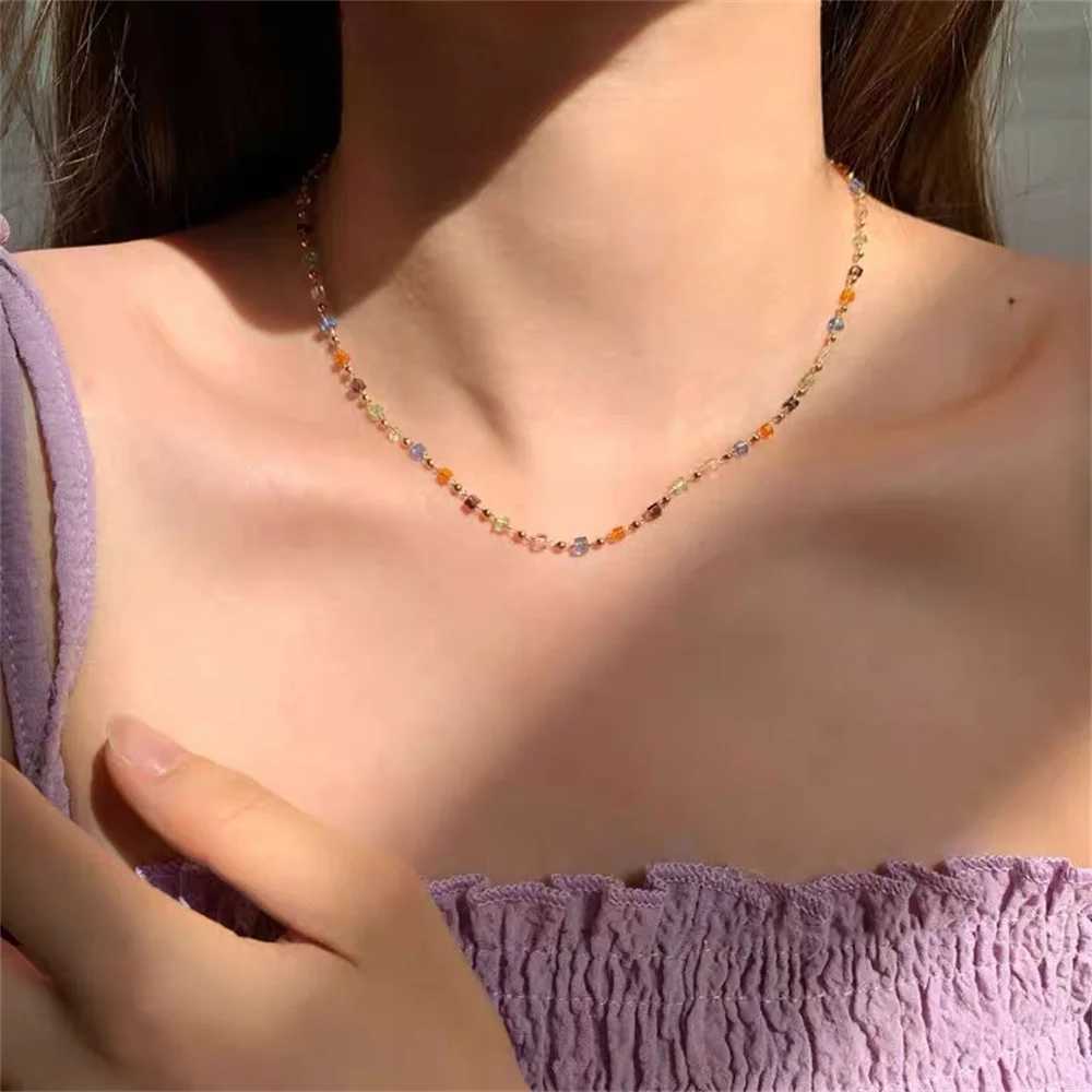 Simple Colorful Square Acrylic Choker Fashion Gold Color Bead Chain Necklace Vintage Crystal Necklace For Women Party Jewelry XJ250524