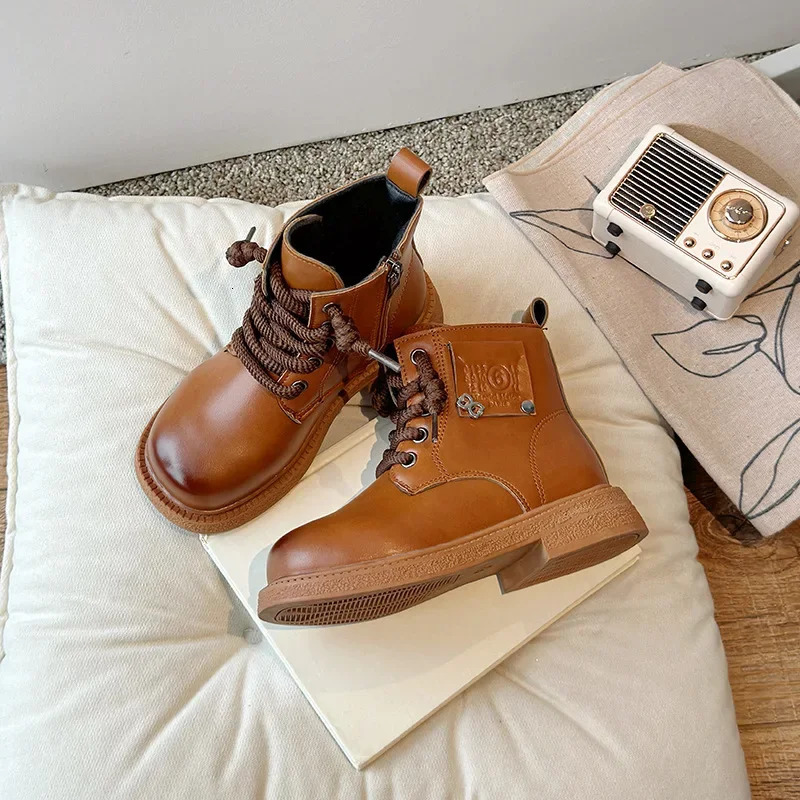 Boys Girls Leather Boots Handsome Fashion Children Motorcycle Boots Non-slip Autumn Winter Kids Short Boots Soft Sole 250522