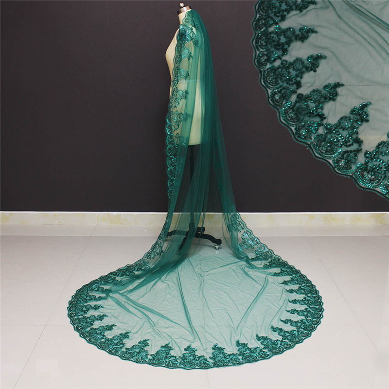 Modern Green Sequins Wedding Veil One Layer Long Cathedral Veils Appliques Edge With Comb Customized Bridal Accessories
