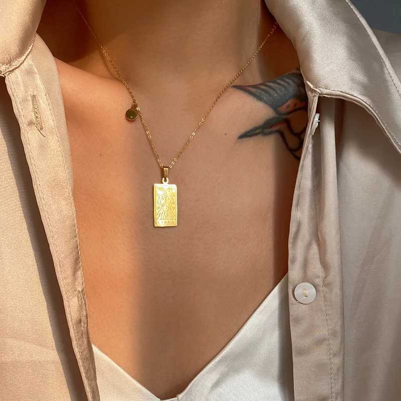 Vintage12 Constellations Tarot Stainl Steel Necklaces for Women Gold Color Zodiac Sign Square Pendant Necklace Clavicle Chain XJ250524