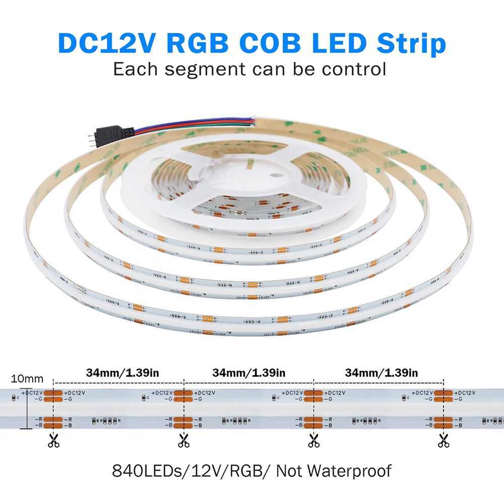 12V Bluetooth RGB COB LED Strip 44key 24key Remote Control EU US UK AU Power Kit Flexible Light Tape 840LED/m 0.5m 5m Home Decor W250524