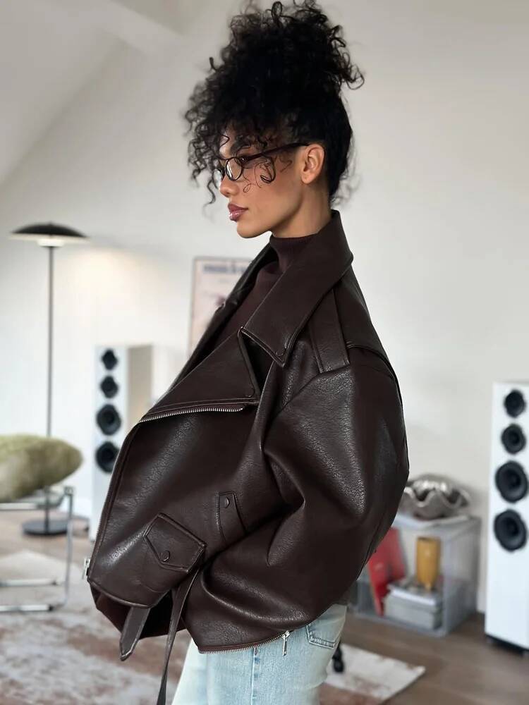 Leather Lapel Lace Up Jacket Woman Loose Solid Color Long Sleeves Zipper Coat Casual Street Fashion Women's New Baggy Jackets