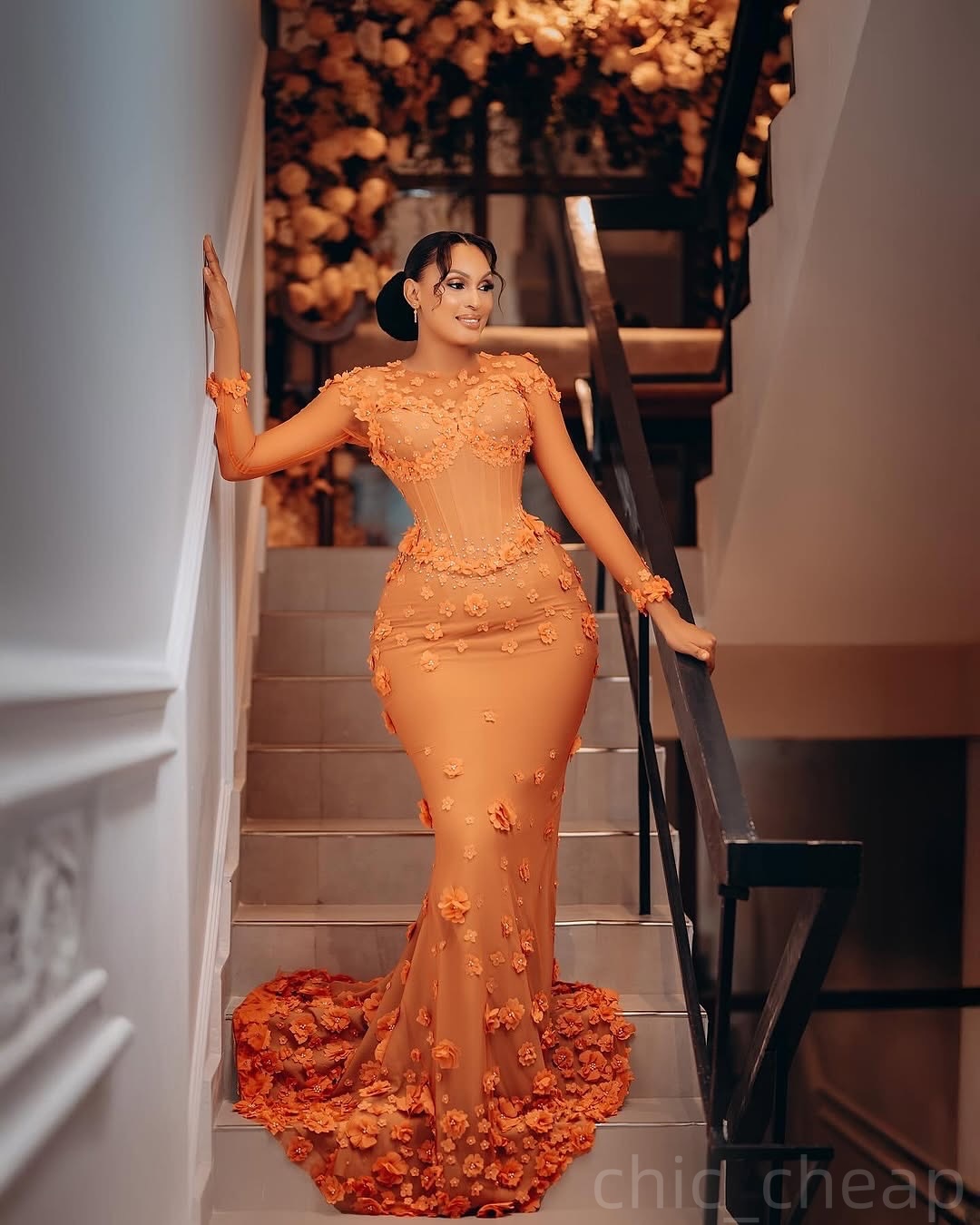 Orange Mermaid Prom Dresses 2025 Flowers Beaded Full Sleeves Evening Formal Party Second Birthday Engagement Gowns Plus Size Dress For Special Occasio
