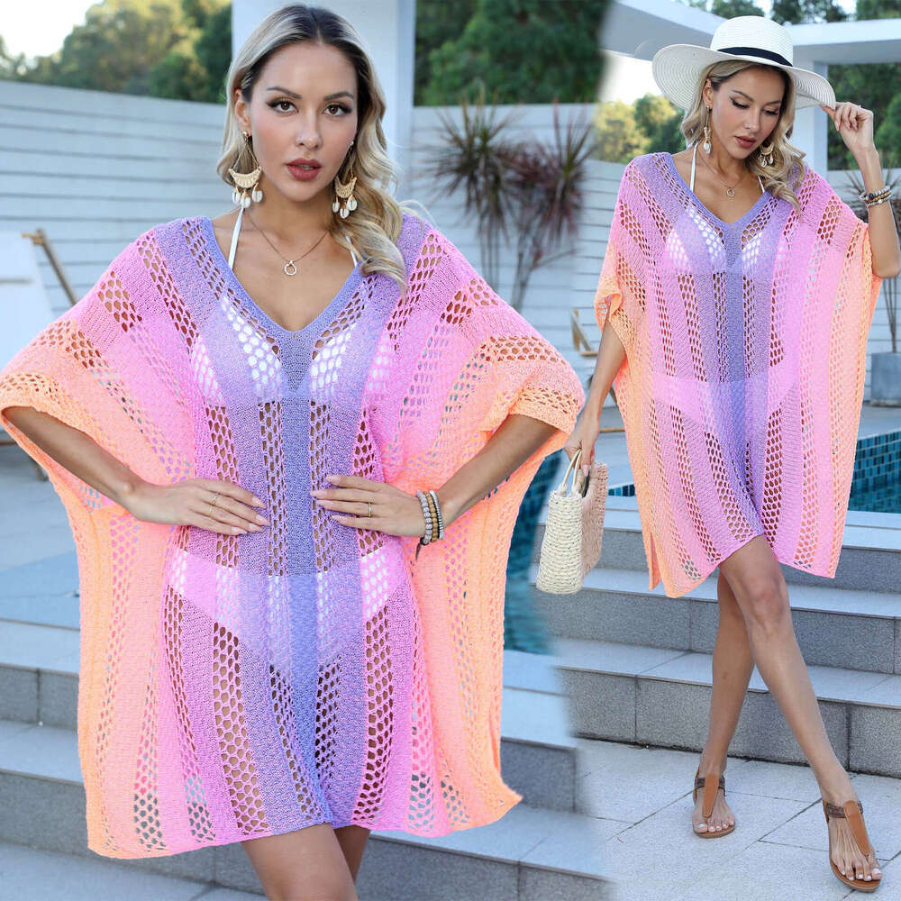 Maxi Dress Beach Vacation Cover Up For Women Gradient Color Hollowed Out Woven Shirt Loose And Casual Bikini Dress Long Dress