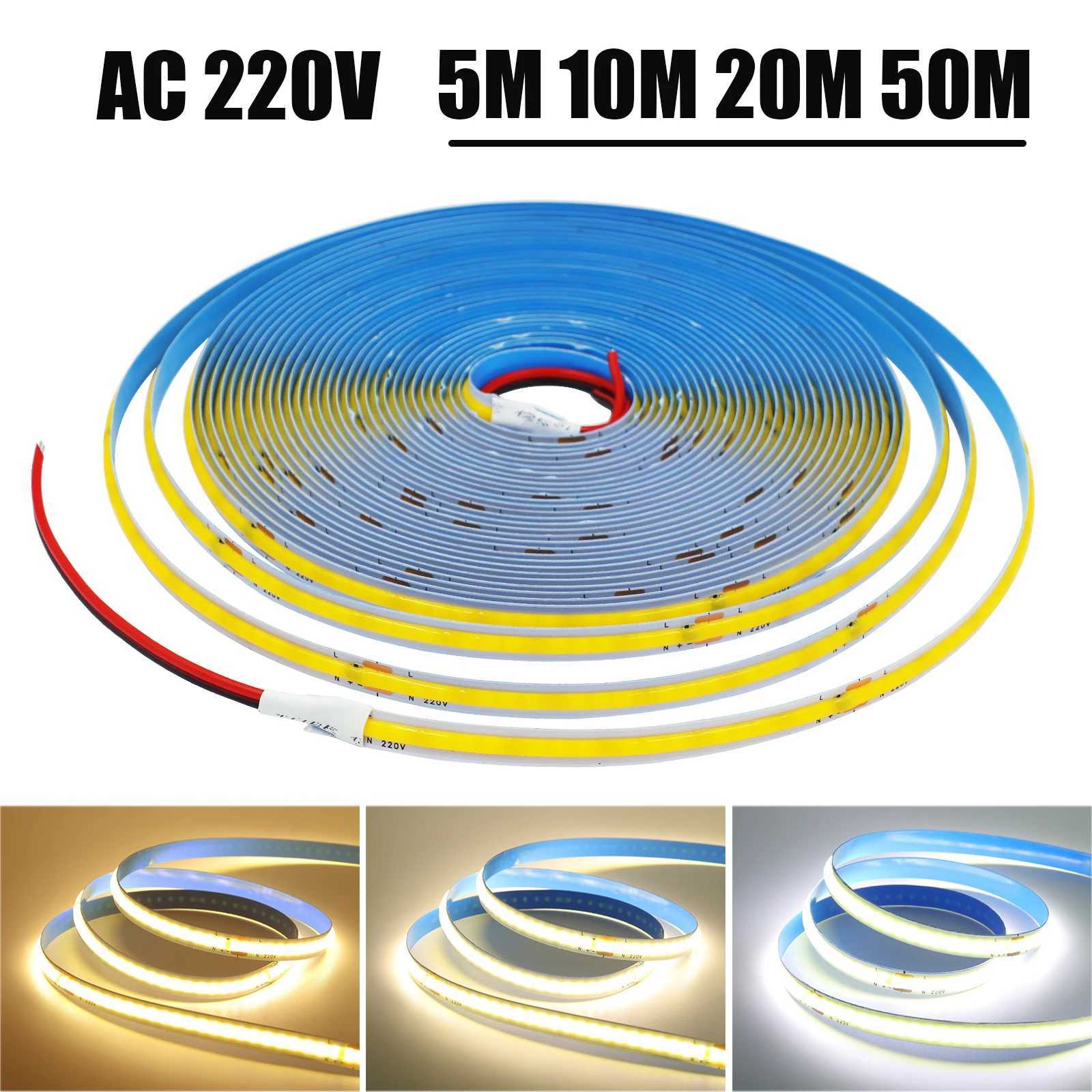 5M 10M 20M 50M/Roll COB Strip AC 220V 240Leds/M IP20 3000K 4000K 6000K Driver Build In Home Decor Flexible Ribbon Rope LED Light W250524