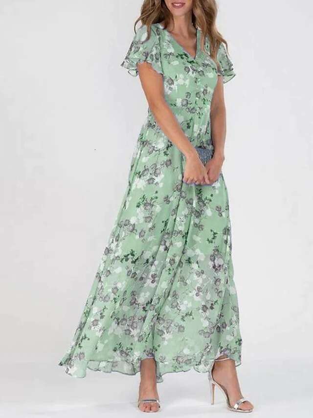 Maxi Dress New Beach Flare Long Skirt Chiffon Fragmented Flower Short Sleeve Ruffle Edge V Neck Fashion Waist Closing Dress Long Dress
