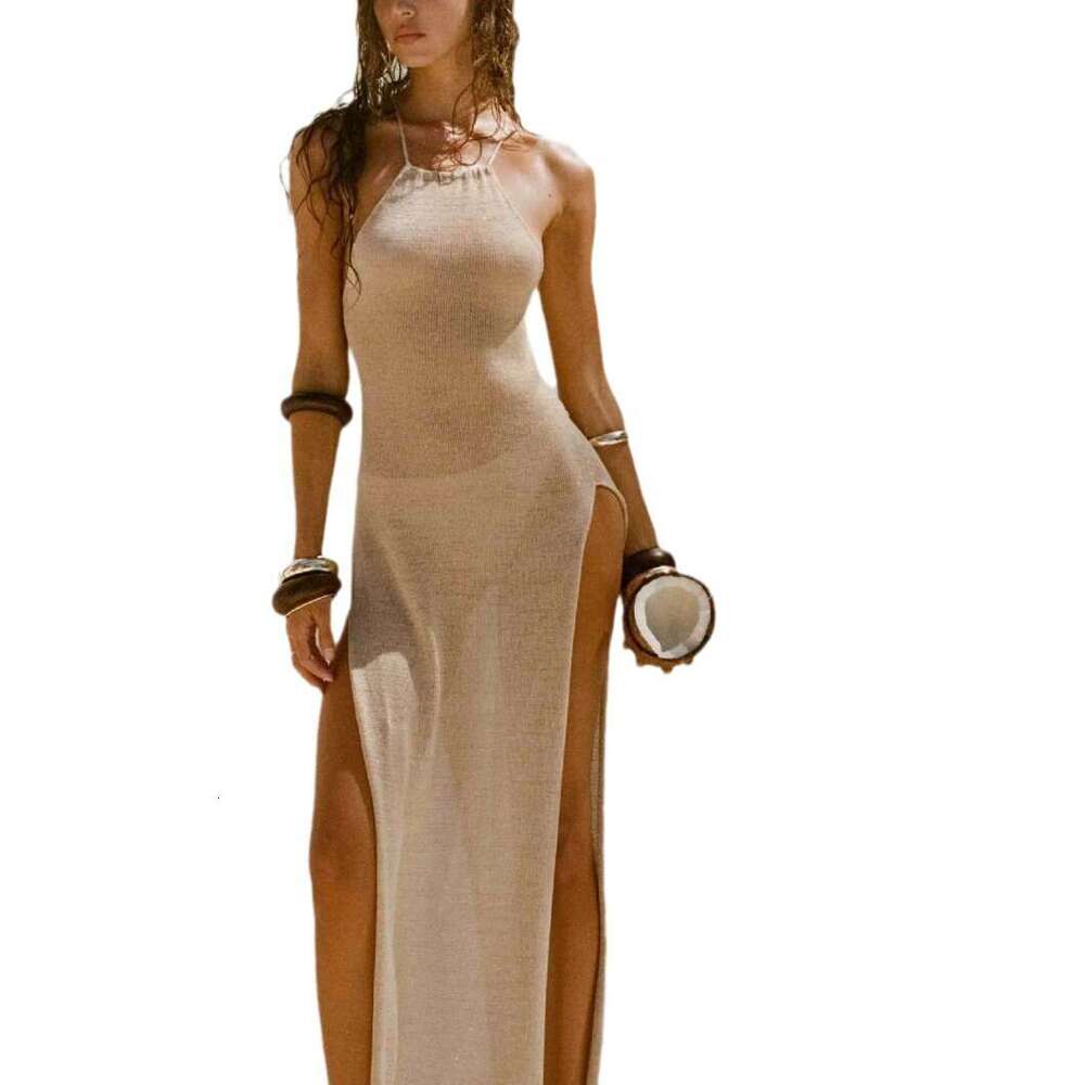 Maxi Dress Double Sided High Slit Suspender Beautiful Back Knitted Beach Vacation Style Dress Long Dress