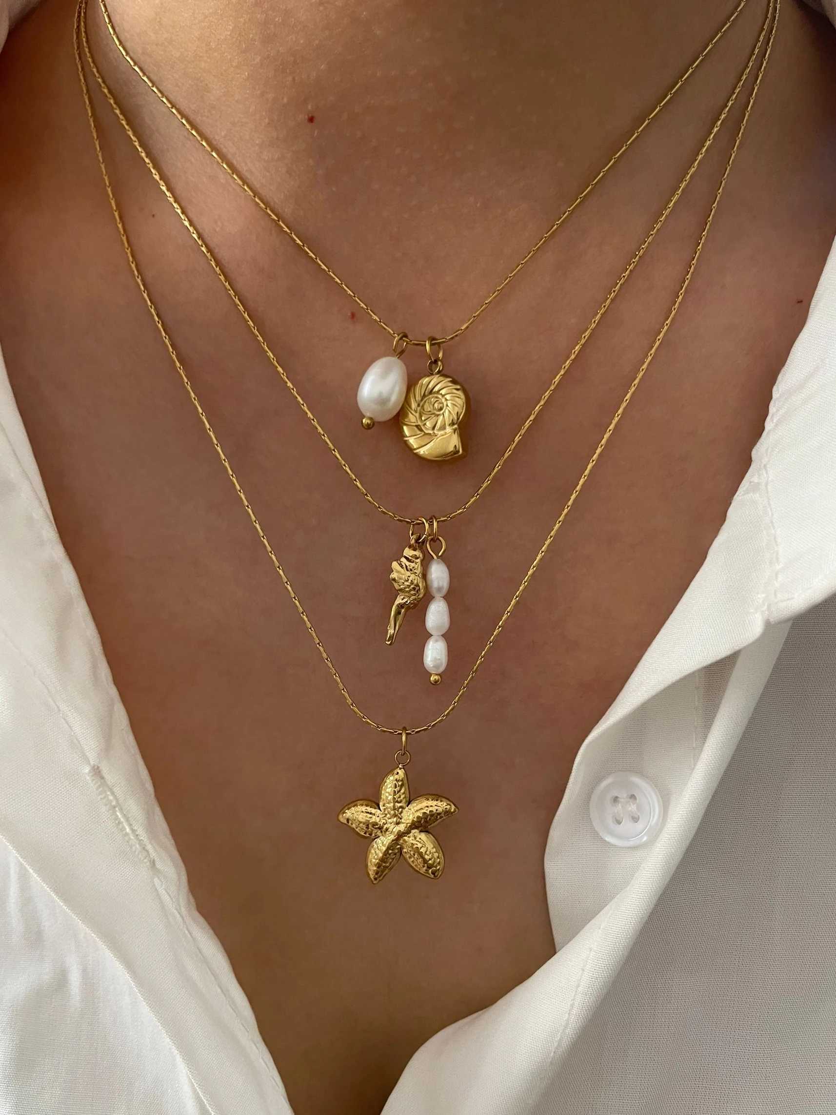 Perisbox Waterproof Beach Party Holiday Jewelry Natural Freshwater Pearl Conch Starfish Pendant Necklace Women Train Accory XJ250524