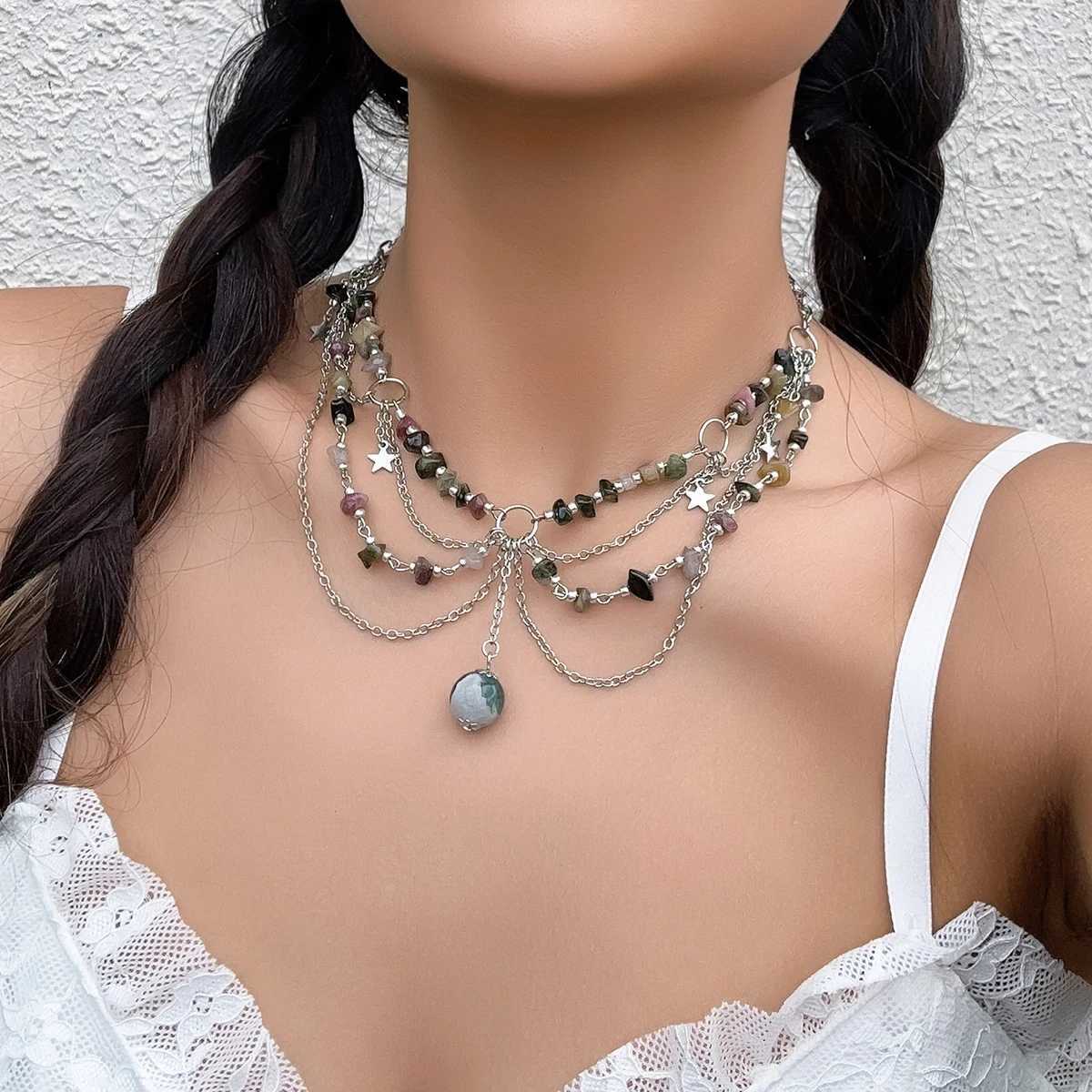 Lacteo Y2K Natural Stone Beads Pendant Necklace for Women Round Ball Tassel Choker Jewelry Collar Neck Chain Girls 2024 Party XJ250524