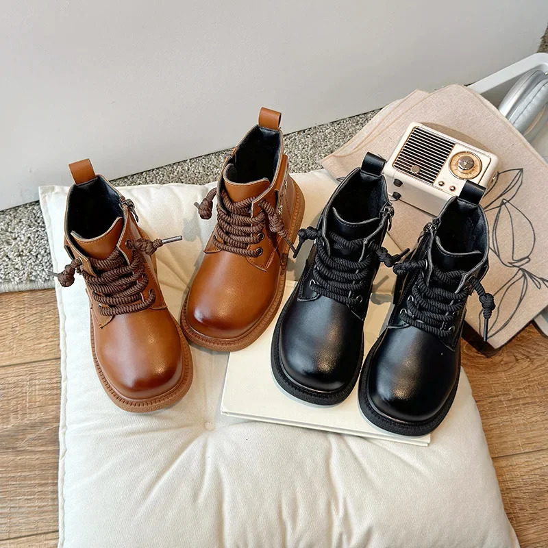 Boys Girls Leather Boots Handsome Fashion Children Motorcycle Boots Non-slip Autumn Winter Kids Short Boots Soft Sole 250522