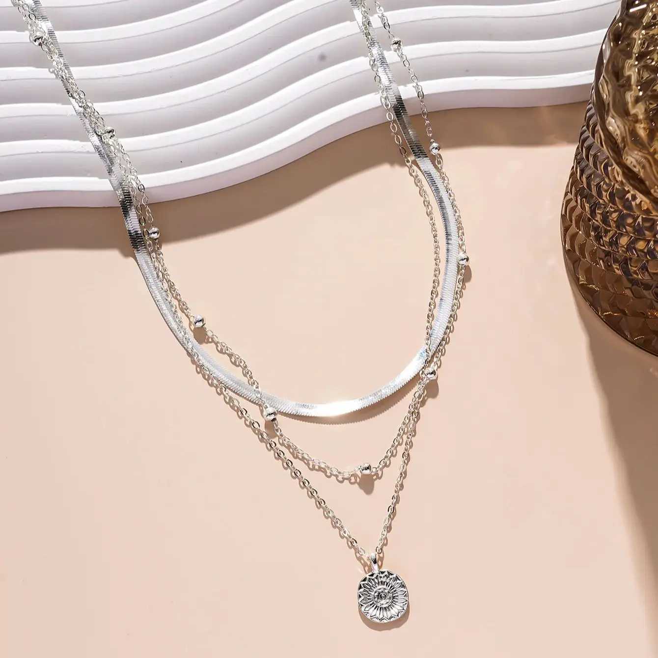 Fashion Flat Snake Chain With Three Layer Coin Disc Pendant Necklace For Women Three-Layer Necklace Boho Jewelry Accories XJ250524