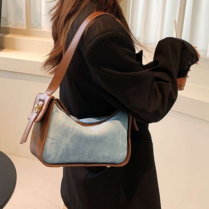 free shipping Simple Tote Large Capacity Underarm Spring Denim Style Commuter Versatile Splice Cross Shoulder Bag