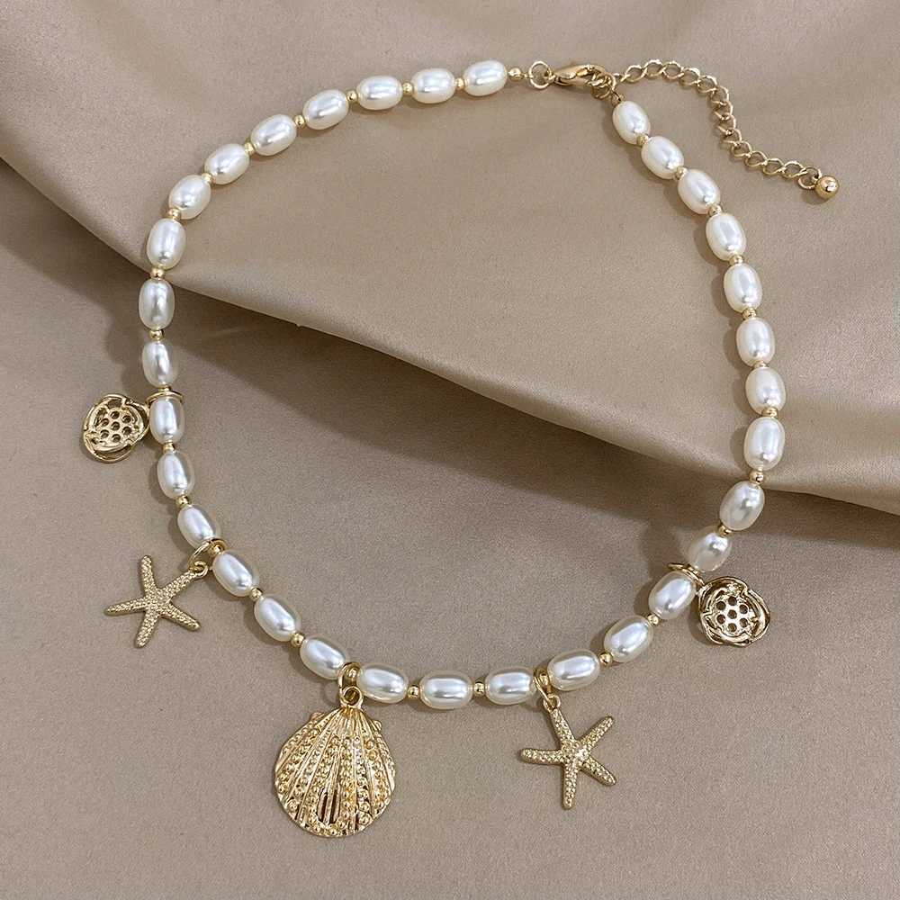 Greater Train Starfish Shell Charms Imitation Pearl Chain Choker Necklaces for Women Statement Party Jewelry Gifts XJ250524