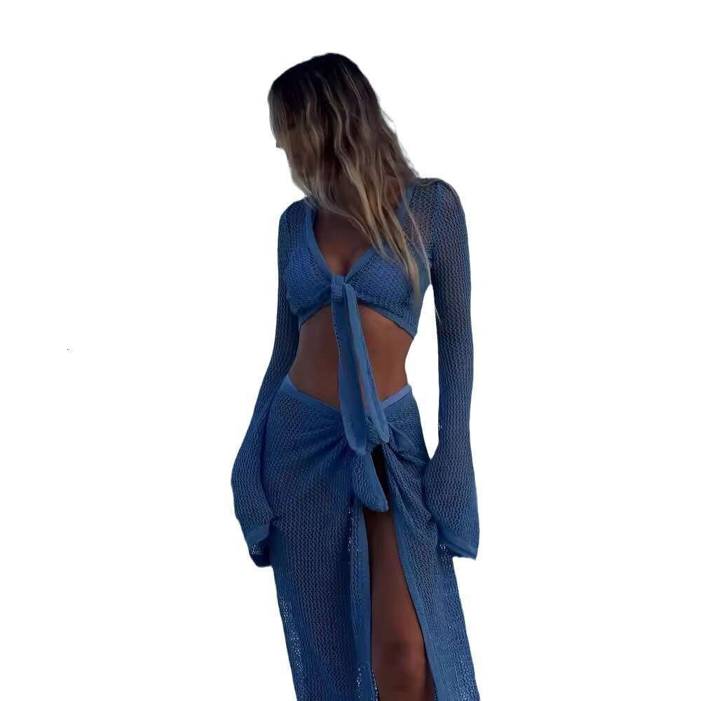 Maxi Dress Hollow Out Long Sleeved Knitted Two Piece Short Top Beach Tied Skirt Set Women S Dress Set Long Dress