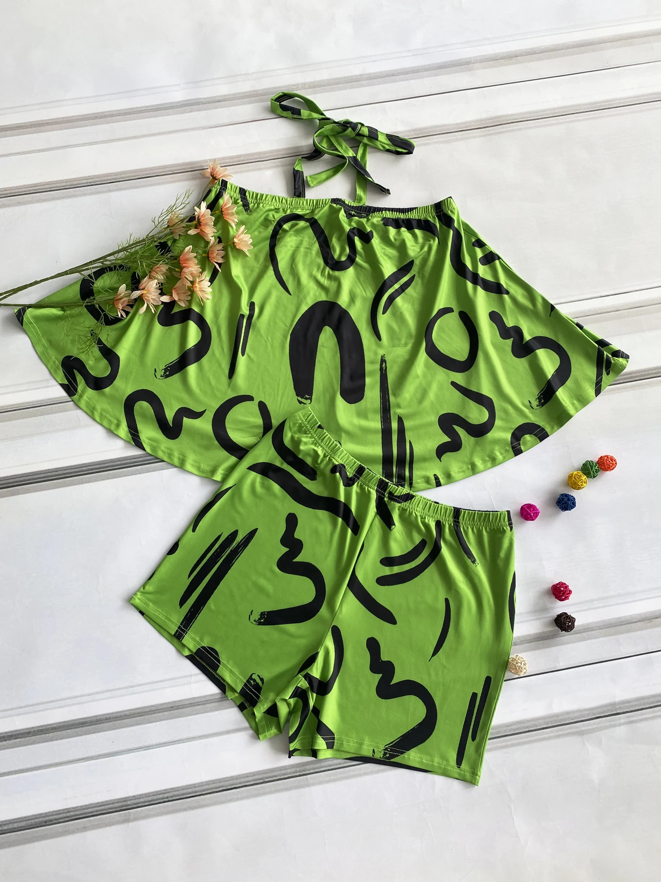 Plus Size Casual Outfits Set Womens Abstract Print Cross Halter Neck Top Shorts Two Piece 250516Z