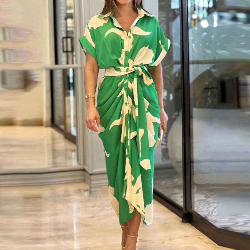 Maxi Dress INS Women S Printed Lapel Short Sleeved High Waisted Long Shirt Dress Floral Dress