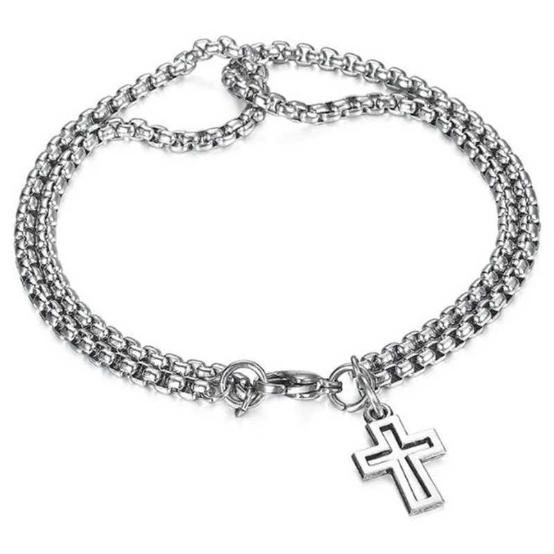 Mens Fashion Hollow Cross Wrist Bracelet Vintage Simple Stainless Steel Double Chain Bracelet Hip Hop Punk Party Jewelry Gifts XJ250524
