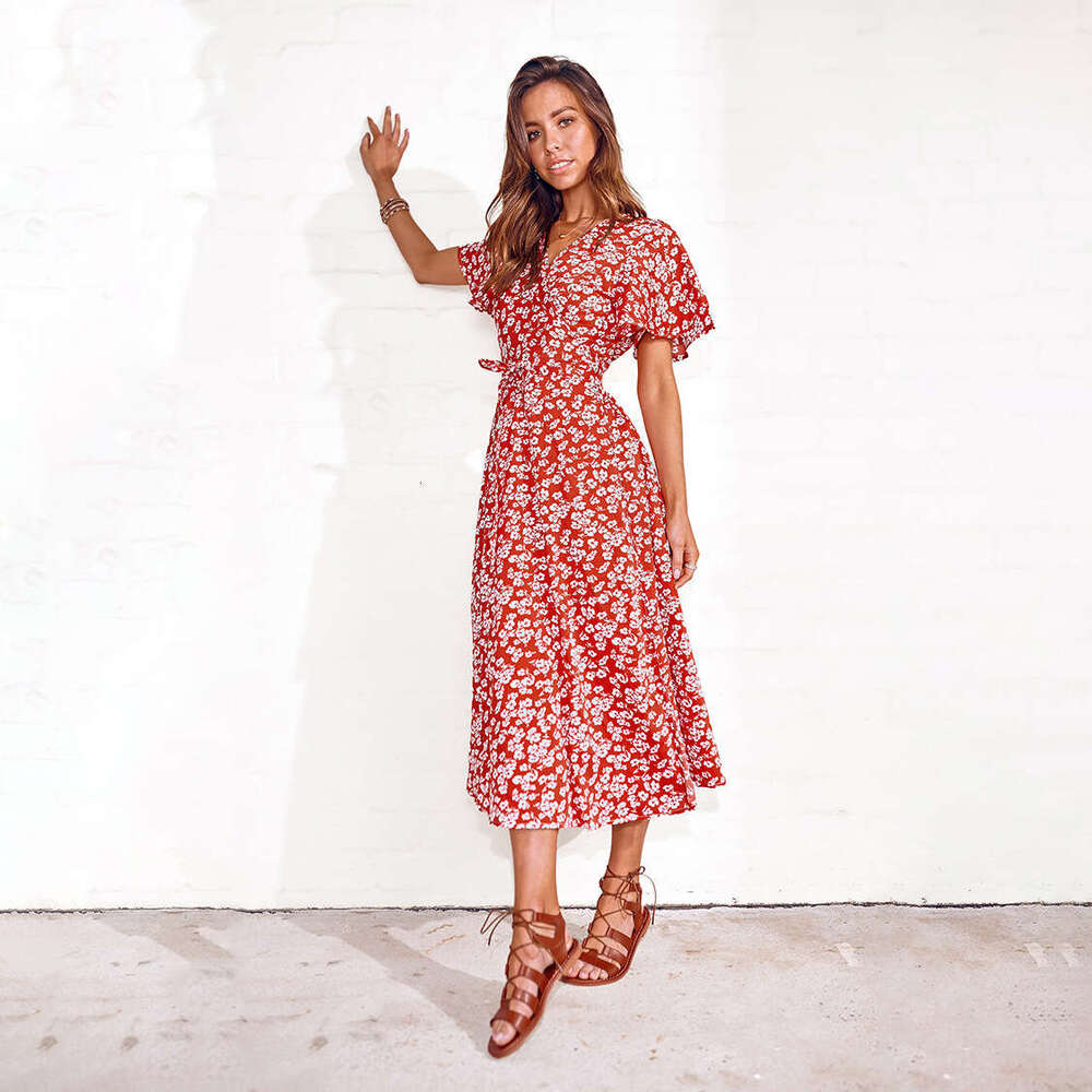 Maxi Dress Printed V Neck Short Sleeved Lace Up Cardigan Dress Long Skirt Floral Dress