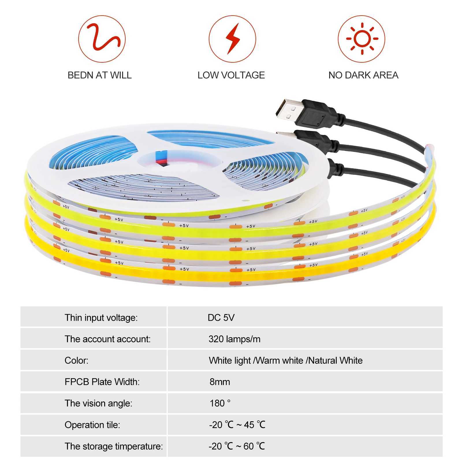 DC5V USB COB LED Strip Light 8MM PCB Flexible Adhesive Tape 320LEDs/m TV Background Lighting Night Lamp 1- 5m With DC/2Pin Wire W250701
