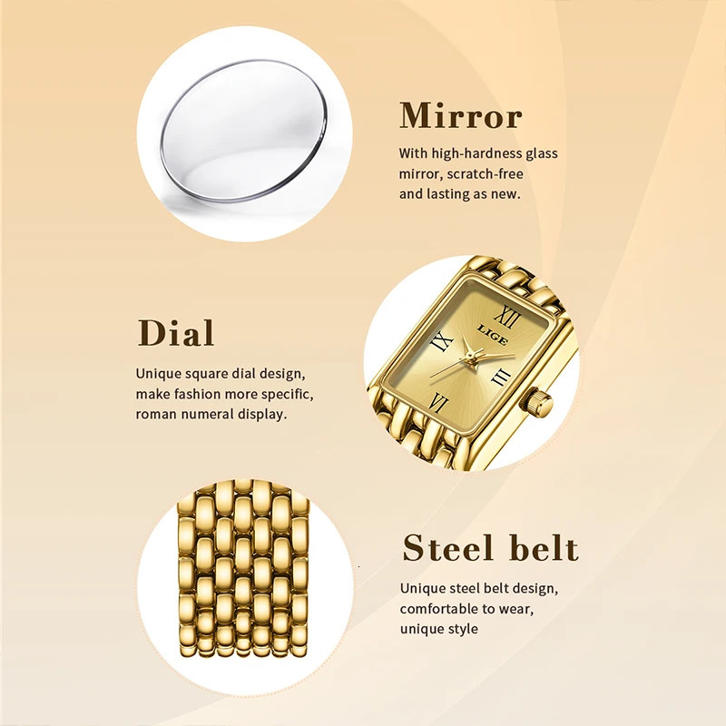 LIGE 2025 Fashion Gold Womens Watch Quartz Watch Stainless Steel Bracelet Retro 30M Waterproof Watches Women reloj 250603
