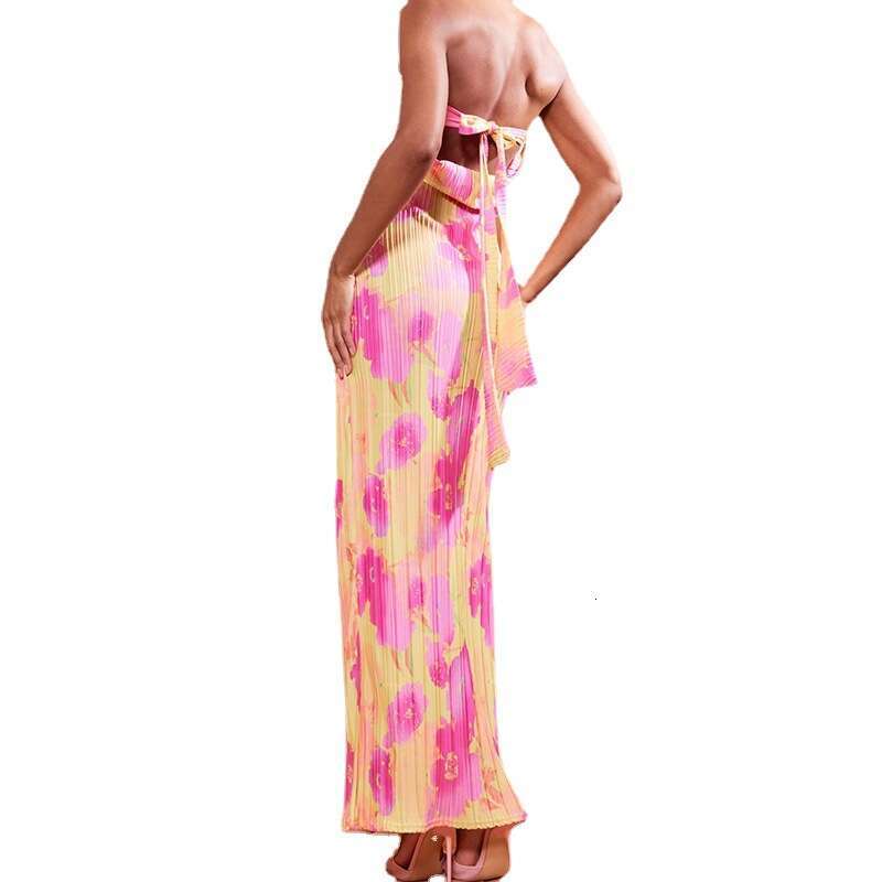 Maxi Dress Strapless Printed Pleated Slim Fit Jumpsuit Long Dress Women S Dress Floral Dress