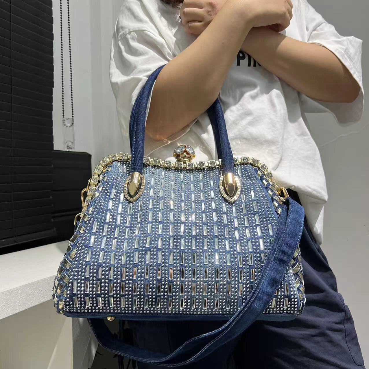 Ladies' denim diamond woven tote bag with large capacity, trendy personality, simple single shoulder crossbody bag