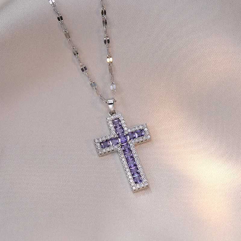 Luxury Purple White Zircon Big Cross Pendant Clavicle Necklaces For Women Stainl Steel Chains Choker Birtay Jewelry Gifts XJ250524