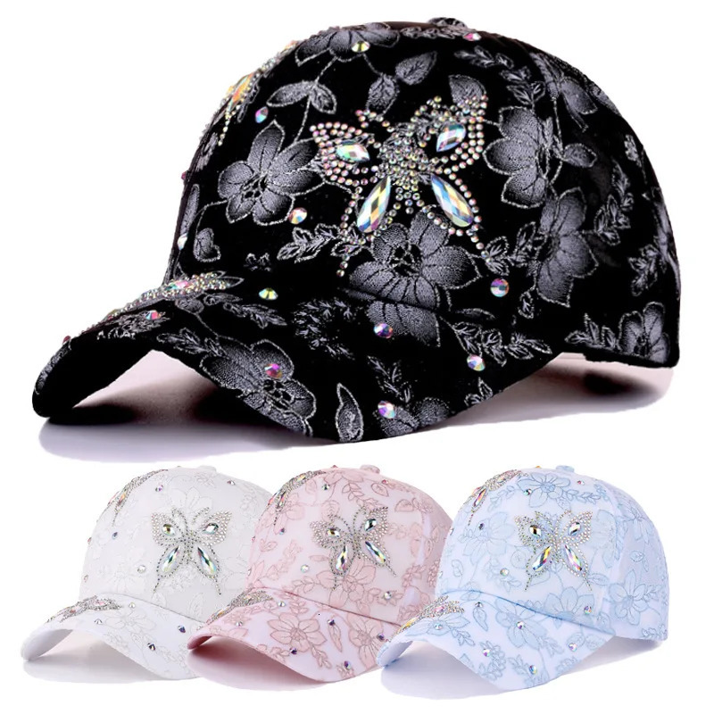 Women Baseball Cap Flower Butterfly Rhinestone Lace Breathable Sunshade Curved Brim Fashion Cap Street Dance Party Casual 250522