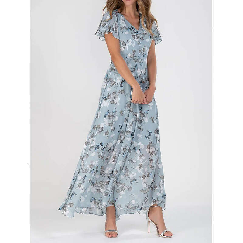 Maxi Dress New Beach Flare Long Skirt Chiffon Fragmented Flower Short Sleeve Ruffle Edge V Neck Fashion Waist Closing Dress Long Dress