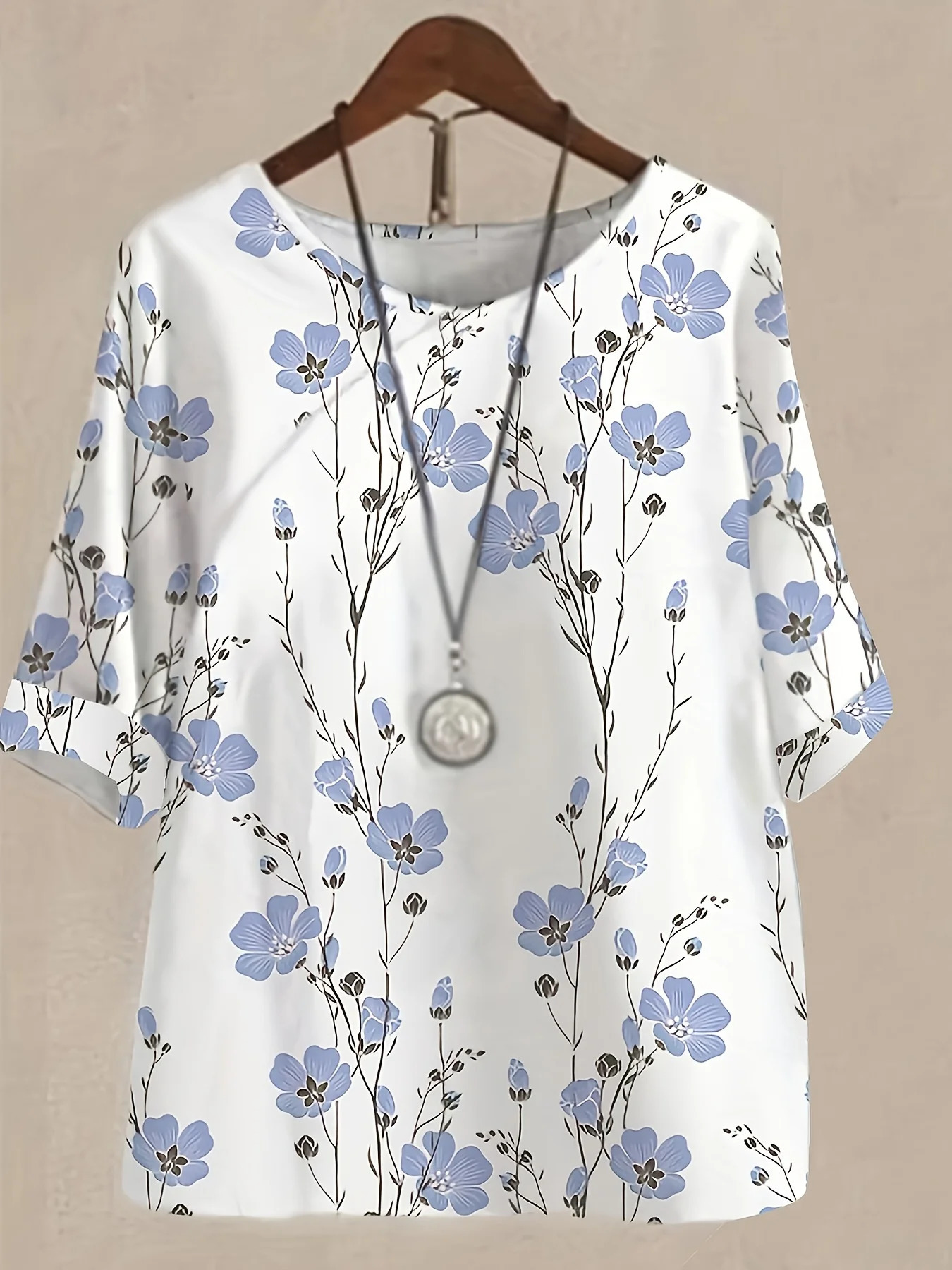 Plus size womens round neck spring and summer casual Chinese style nonelastic loose polyester fiber printed shortsleeved suit 250513Z