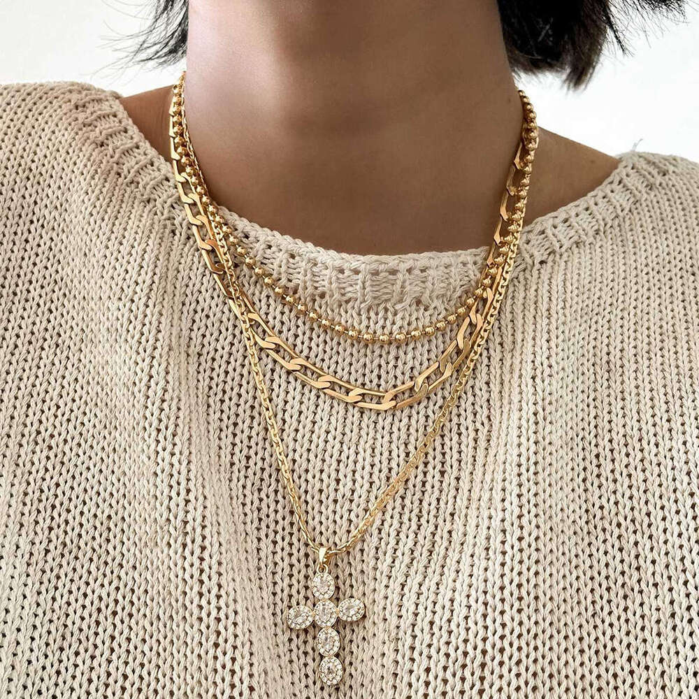 Multi Layer Crystal Studded Cross Pendant Necklace High Women Fashion Chain