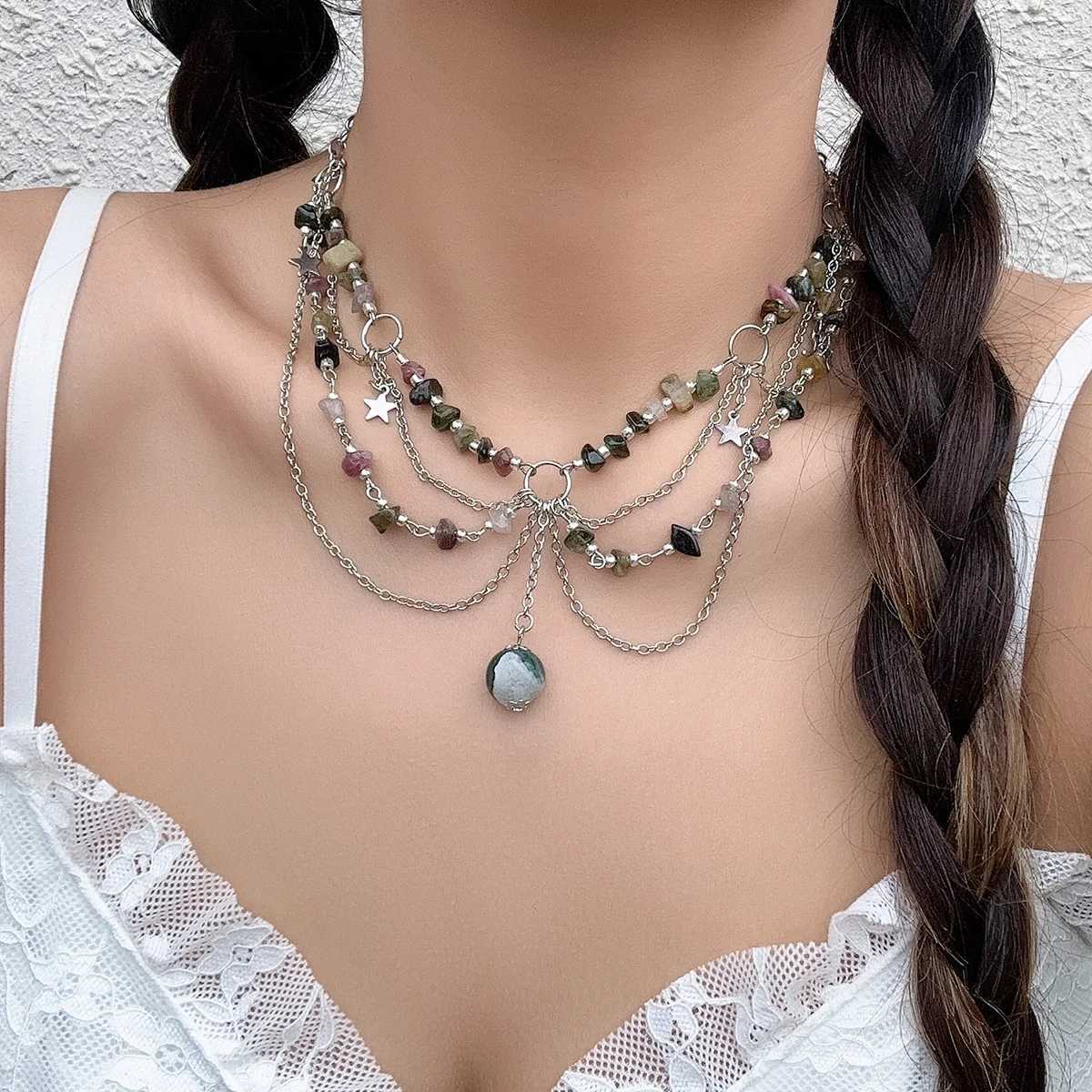 Lacteo Y2K Natural Stone Beads Pendant Necklace for Women Round Ball Tassel Choker Jewelry Collar Neck Chain Girls 2024 Party XJ250524