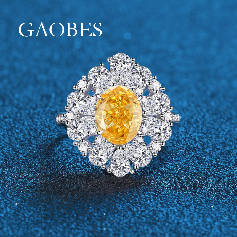 S925 Sterling Silver High Carbon Diamond Yellow Oval Ring with Ice Flower Cut for Women, Elegant Luxury Jewelry