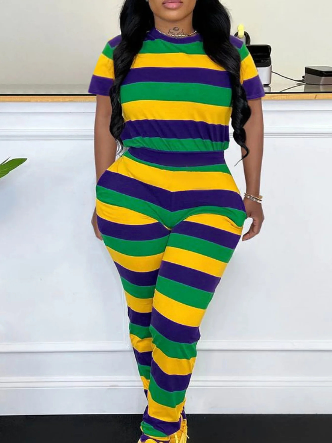 LW Striped plus size Two Piece Pant Set Spring Summer 2pcs Casual Round Neck Short Sleeve tops Skinny Pants Tracksuit for Women 250516Z