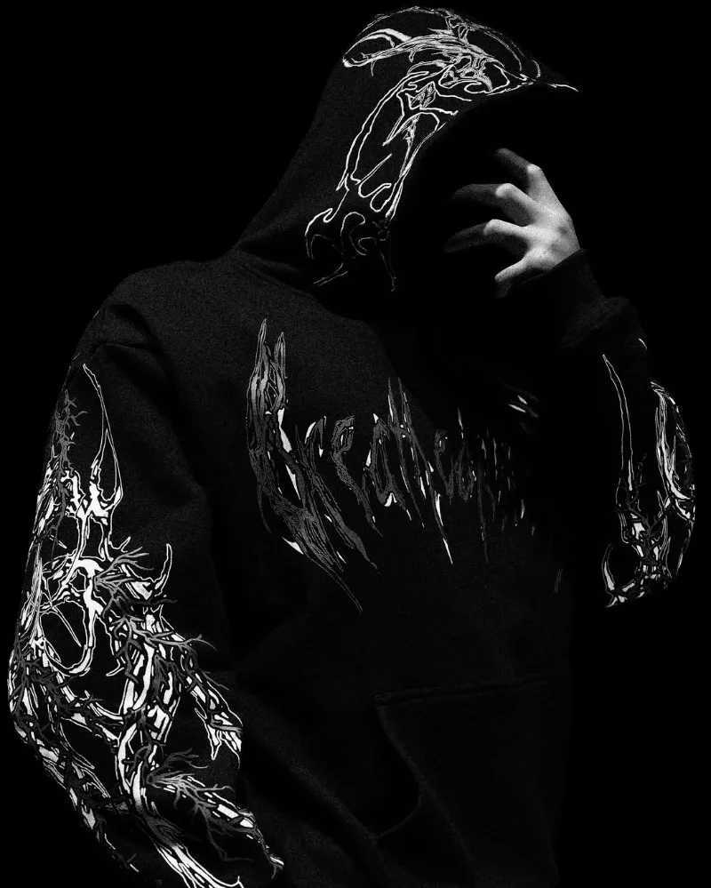 American High Street Casual Trend Clothing Street Hip-hop Fashion Loose Hoodie Men Retro Line Punk Goth Oversized Sweatshirt W250524