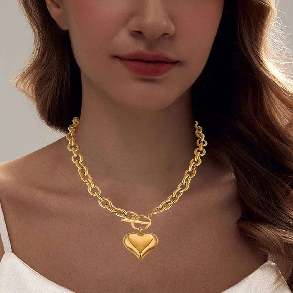 Golden fluffy 40.64cm/45.72cm thick heart-shaped for women's fashion 14K gold toggle necklace