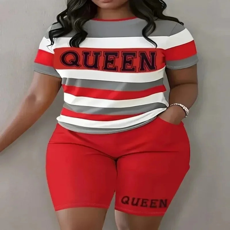Plus Size Fashion Womens Clothing Stripe Print Ladies Casual Comfortable Set Tops and Shorts 250513Z