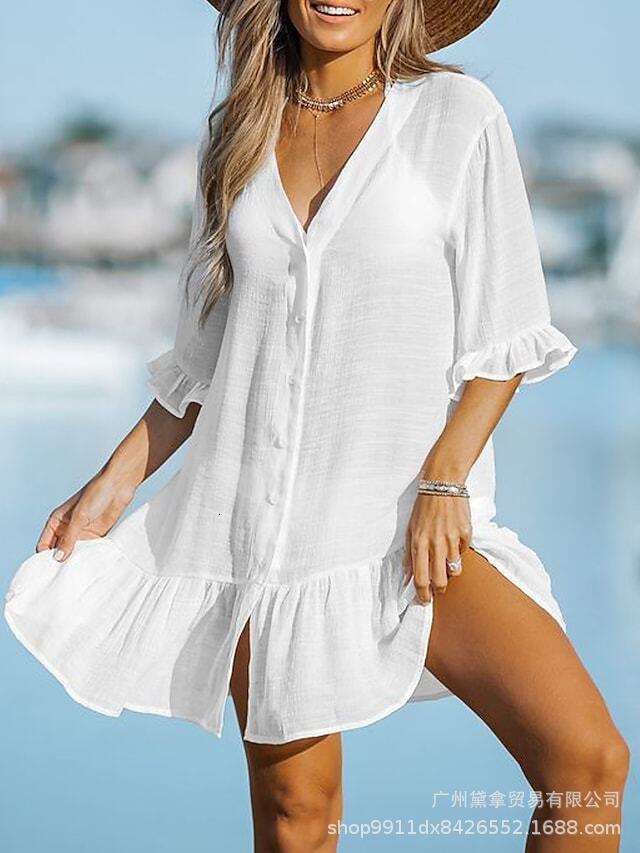 Maxi Dress Summer V Neck Ruffle Dress Solid Beach Sun Protection Cover Up For Women Long Dress
