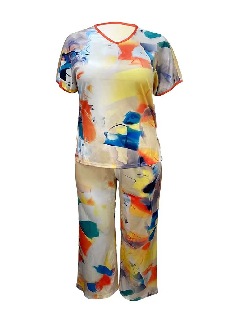 2 Piece Set Outfit Fashion Print Top and Trousers Female Clothing Summer Suit Pants for Ladies Casual Plus Size Clothes 250516Z