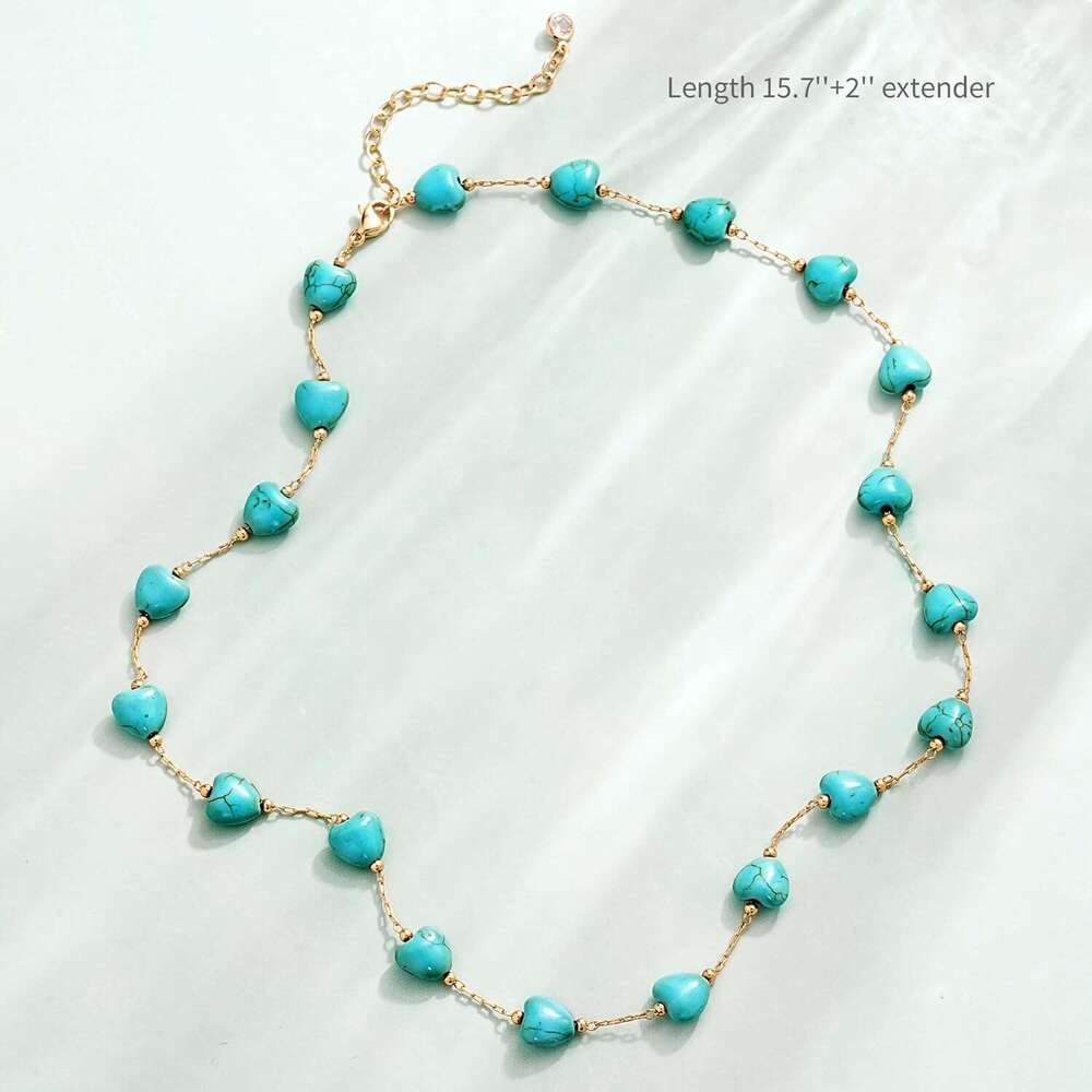 Women's turquoise 14K gold-plated bead heart-shaped Bohemian necklace handmade beach daily gold jewelry gift