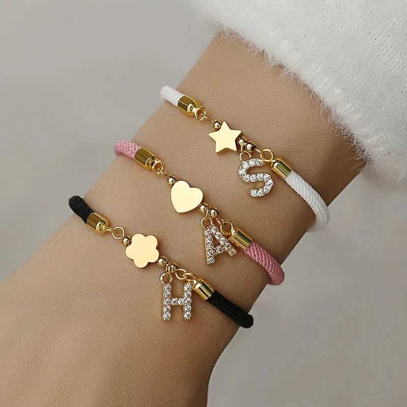 Trendy Pave Cubic A-Z Initial Letter Women Bracelet Star Heart Flower Adjustable Rope Bracelet For Women Jewelry Gift XJ250524