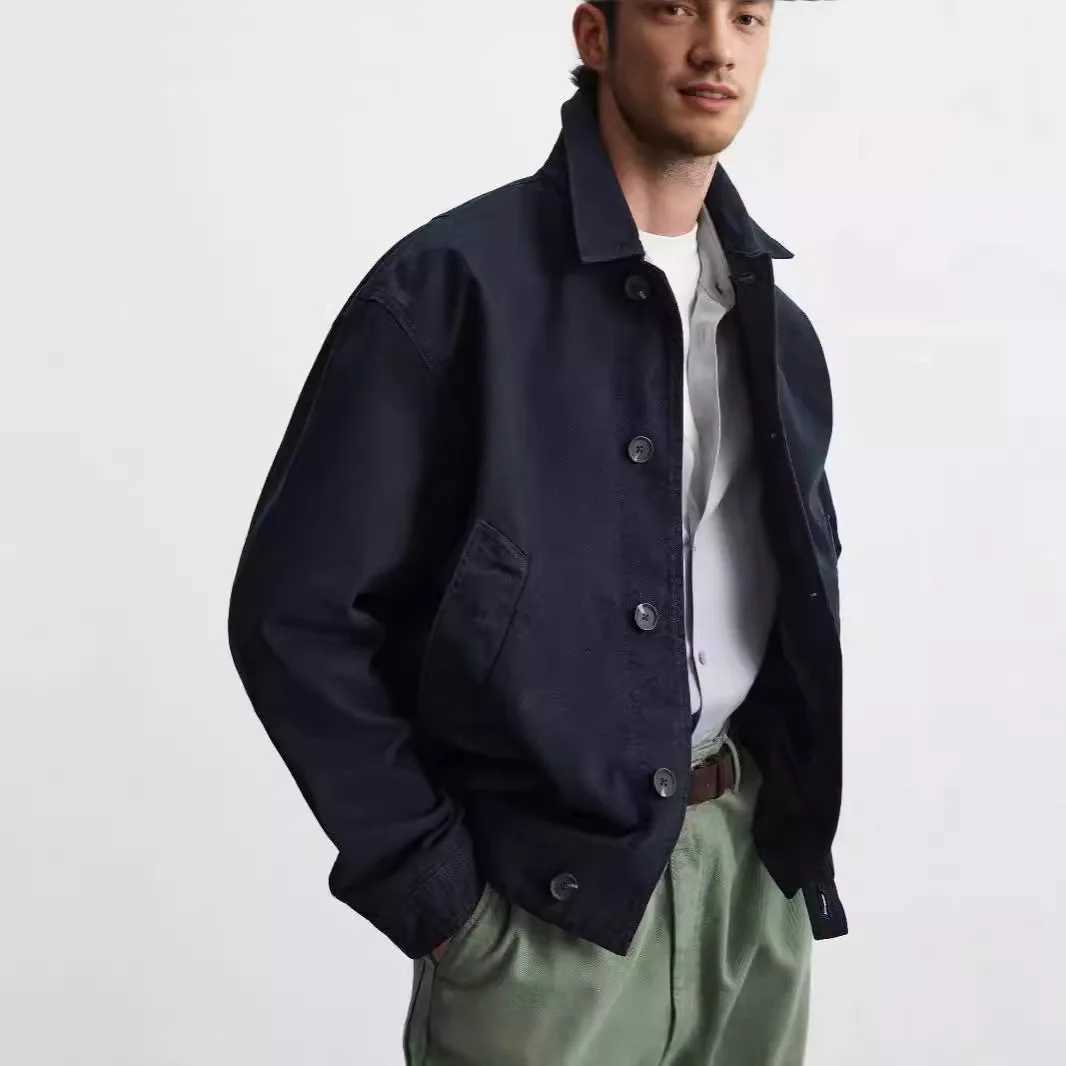 Mens Cotton Canvas Textured Lapel Long Sleeve Jacket Men W250524